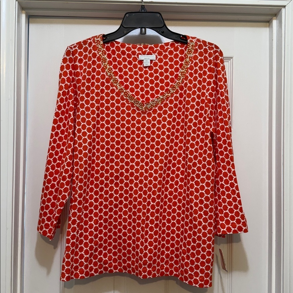 NWT - Charter Club Orange White Geometric Top Gold Embellished V- Neck PXL